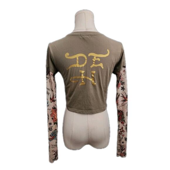 Ed Hardy Women True To My Love Cropped T Shirt With Mesh Tattoo Sleeves Medium - Picture 2 of 6